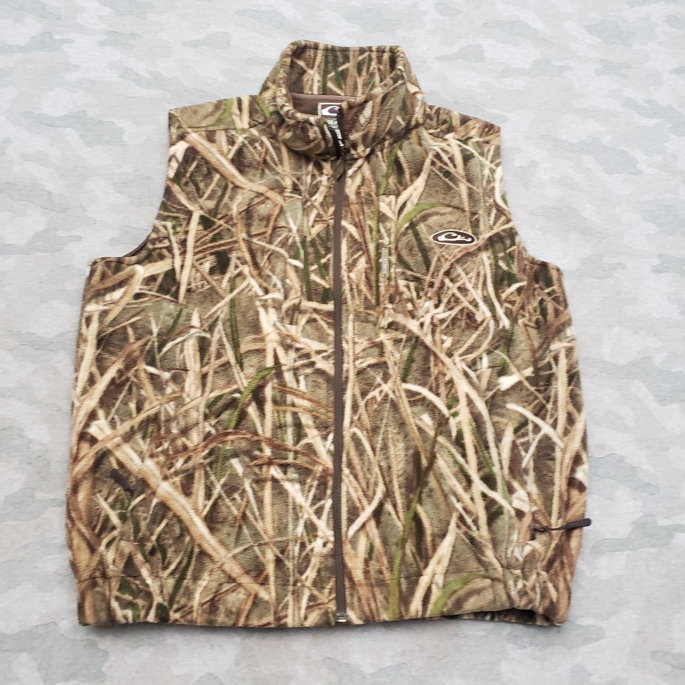 Drake Waterfowl Vest Mens Medium Green Camo Full Zip Pockets Hunting Outdoors